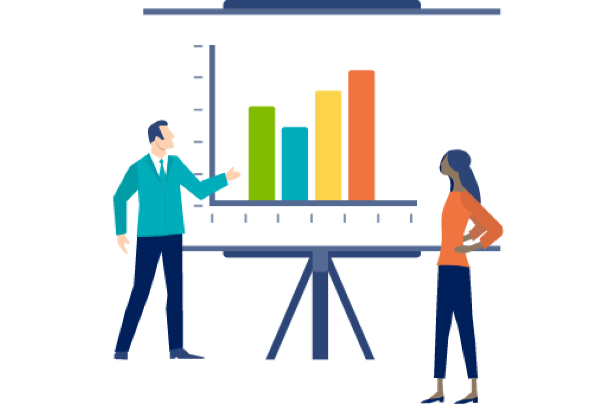 An illustration of two people looking at a large bar chart